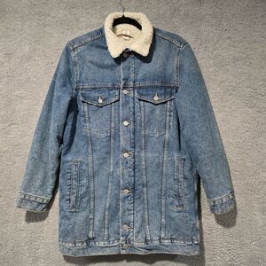 H&M Womens Sherpa Denim Winter Trucker Jacket Coat Shearling Sz 8 Heavyweight